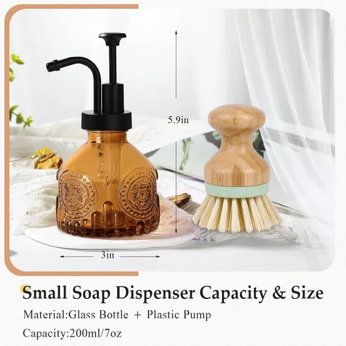 Miniatura 2 de Dispensador de jabón de vidrio ámbar, dispensador pequeño de jabón de manos para baño, botella de jabón líquido y loción con bomba, dispensador
