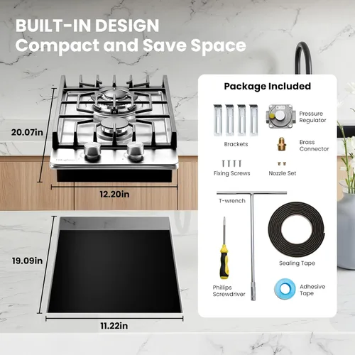 Miniatura 2 de Estufa de 2 quemadores de propano, Hibghse 30 cm de cocina de gas incorporada con estufa de gas NG/LPG convertible de acero inoxidable