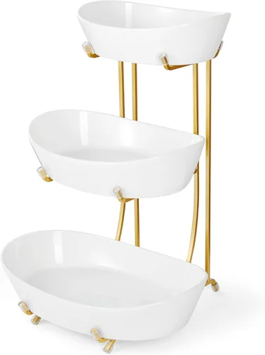 Miniatura 11 de Cuencos de frutas para encimera de cocina, no requiere montaje, cuencos de porcelana de 2 niveles con soporte de metal, cesta de frutas escalonada