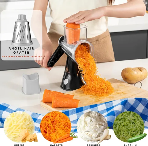 Miniatura 4 de Brieftons Rallador de queso giratorio de 4 cuchillas, cortador de alimentos de cocina con asa, cortador de verduras de mandolina, molinillo
