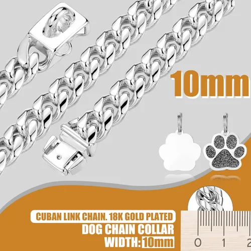 Miniatura 3 de Collar de cadena para perro, collar de acero inoxidable resistente de 0.394 pulgadas con eslabones cubanos, cadena de metal para perro con hebilla a