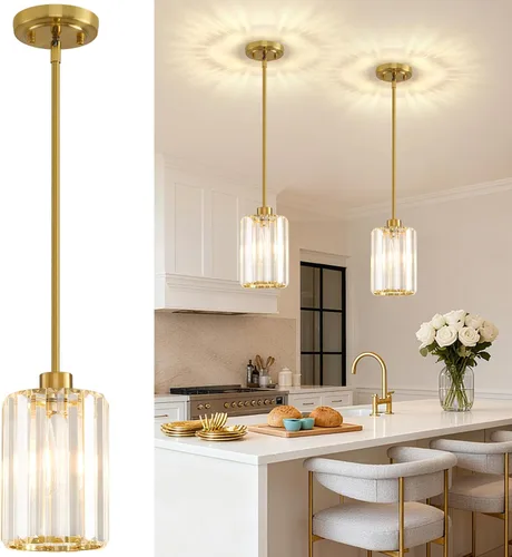 Paquete de 2 luces colgantes para isla de cocina, modernas lámparas colgantes doradas, mini candelabro de cristal para isla de cocina, lámparas