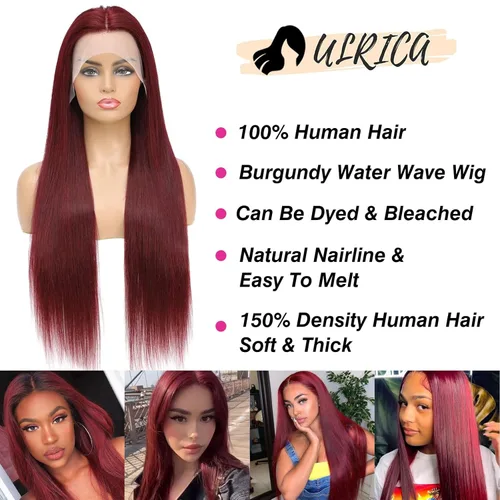 Miniatura 5 de ULRICA 99J - Pelucas de encaje frontal burdeos de 20 pulgadas, pelucas de cabello humano para mujeres negras 13x4, encaje HD burdeos, peluca de Rojo