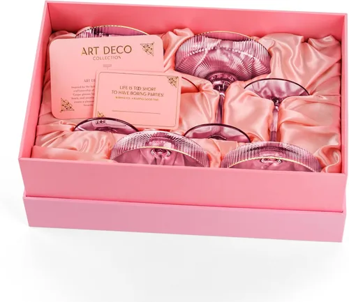 Miniatura 8 de GLASSIQUE CADEAU Vasos vintage Art Deco Blush Pink Coupé con bordes dorados Juego de 4 Cristalería de cóctel acanalada de cristal de 7 onzas