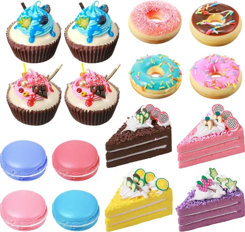 Chivao 16 piezas de comida falsa realista juguete artificial donas magdalenas falsas rebanadas pastel de simulación artificial macaron, para exhibir