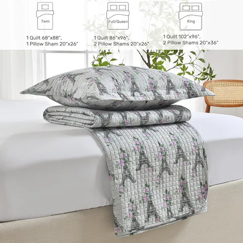 Miniatura 5 de HollyHOME Juego de edredón de 2 piezas tamaño Twin de la Torre Eiffel con diseño floral rosa sobre gris, cubrecama, incluye 1 edredón, 1 funda