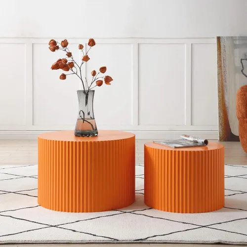 Miniatura 6 de WILLIAMSPACE Juego de 2 mesas auxiliares anidadas, mesas de café redondas de madera color naranja mate, mesas auxiliares modernas de lujo, mesa
