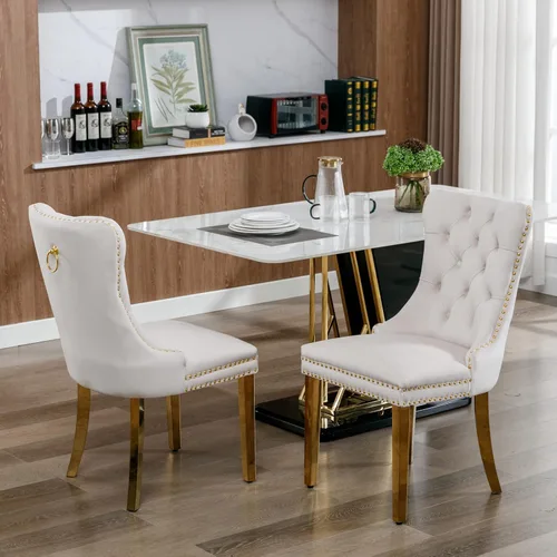Miniatura 3 de Juego de 2 sillas de comedor de terciopelo, sillas decorativas tapizadas con patas de metal dorado, ribete de cabeza de clavo, tirador de anillo