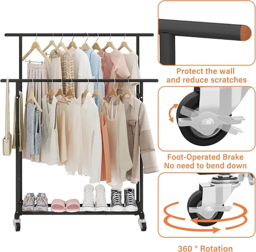 Miniatura 8 de Calmootey Perchero de ropa de doble varilla, organizador portátil para colgar ropa, organizador de ropa rodante para dormitorio, sala de estar, Negro