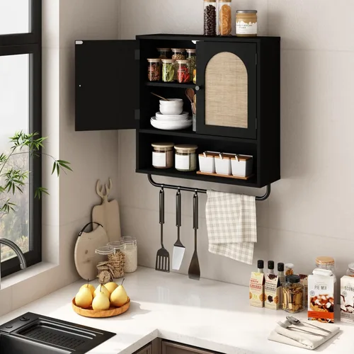 Miniatura 7 de RUSTOWN Gabinete de pared de ratán para baño, gabinete de medicina Boho con 2 puertas arqueadas, gabinetes de almacenamiento sobre el inodoro