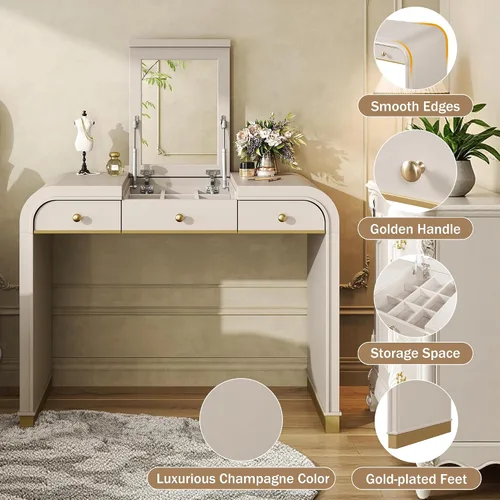 Miniatura 5 de Escritorio clásico de madera con espejo abatible, tocador 3 en 1 con 2 cajones y espacio de almacenamiento para dormitorio, champán