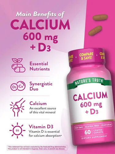 Miniatura 5 de Nature's Truth Calcio 600 mg con vitamina D3 Comprimidos recubiertos Carbonato de calcio Suplemento vegetariano, sin OMG y sin gluten