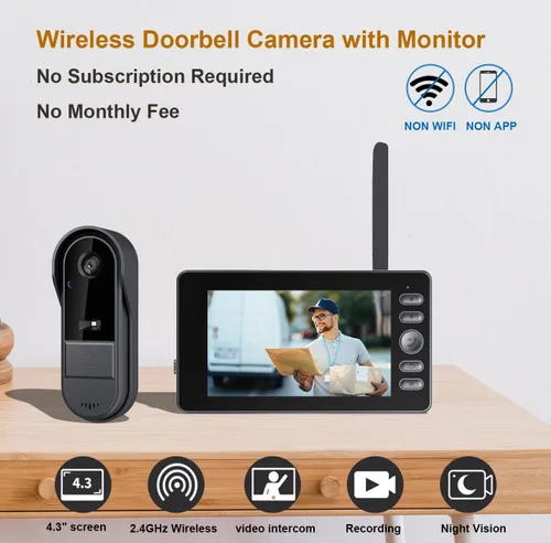 Miniatura 2 de TKMARS Timbre de puerta inalámbrico sin suscripción, activación bidireccional e intercomunicador, IPX65 impermeable, video 1080P, pantalla de 4.3
