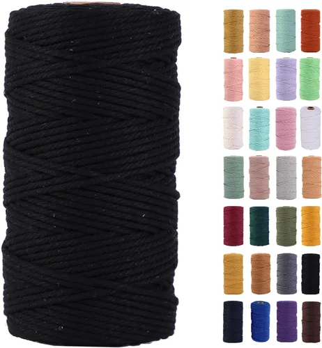 Cuerda de macramé color negro, 3 mm x 109 yardas, cuerda de algodón colorida, cuerda de algodón suave para manualidades, cuerda decorativa para