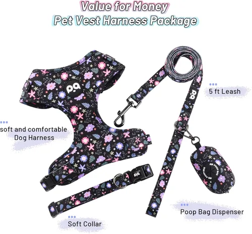 Miniatura 6 de QQPETS Arnés para perro con correa y soporte para bolsa de excrementos, juego de 4 piezas, ajustable sin tirones, chaleco acolchado de malla suave