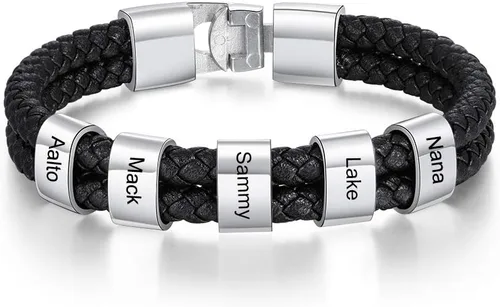 Pulsera trenzada negra personalizada para hombre, pulsera personalizada con 1-8 cuentas personalizadas, nombres de la familia, joyería para hombres