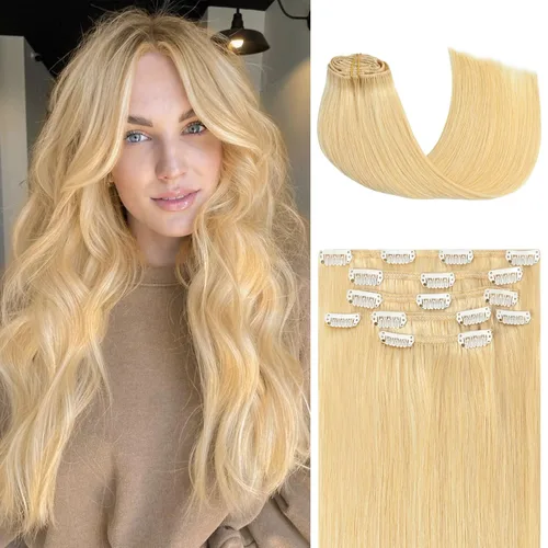 Miniatura 36 de Honsoo Extensiones de cabello humano real de color marrón con pinzas, marrón castaño, 15 pulgadas, 70 g, 7 unidades, cabello lacio sedoso y marrón