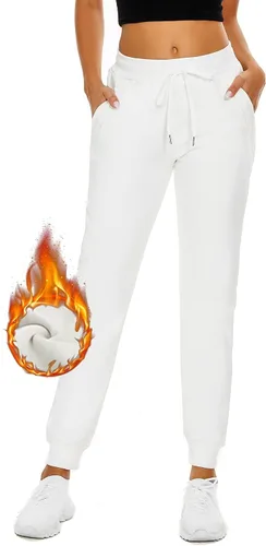 Miniatura 43 de MOUEEY Pantalones deportivos súper cálidos con forro de sherpa para mujer, pantalones deportivos de forro polar con bolsillos con cremallera