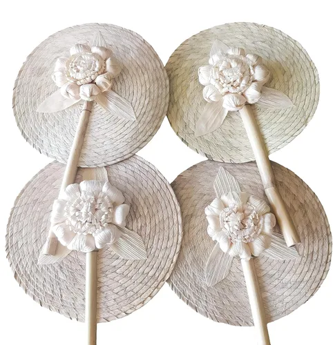 Jacq & Jürgen - Paquete de 4 abanicos de mano de palma de color natural de 13 ″ - Abanicos de mano de boda para invitados, abanicos florales de