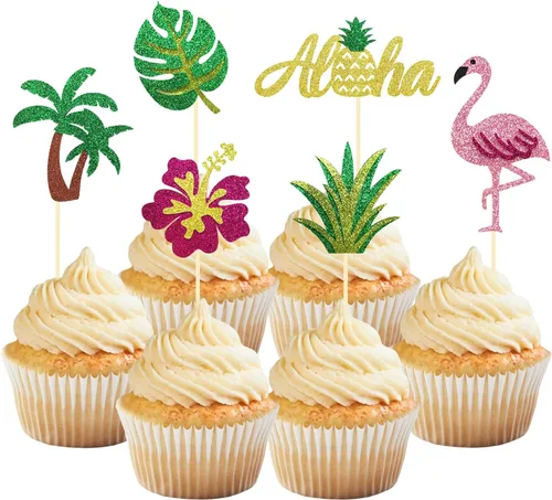 Miniatura 6 de 24 adornos tropicales con purpurina para cupcakes, hojas de palmera tropicales, decoraciones de Aloha para verano, temática hawaiana, baby shower