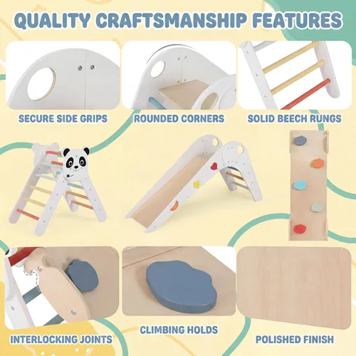 Miniatura 7 de GLACER Pikler - Juego de triángulos Montessori con temática de panda, juguetes de escalada para niños pequeños con escalera, túnel, tobogán, rampa