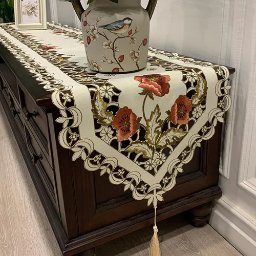 Miniatura 10 de Camino de mesa bordado con flores, cubierta de mesa de té de diseño moderno y elegante, mantel de poliéster para restaurante, cocina, comedor, boda