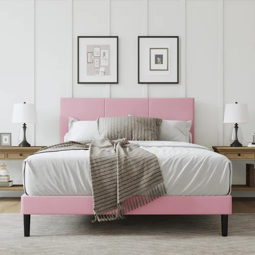 Miniatura 9 de Marco de cama tamaño completo con cabecero – Elegante marco de cama plataforma tapizado con canales verticales acolchados de servicio pesado