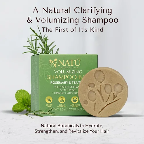 Miniatura 4 de NATÚ BOTANICALS Barra de champú voluminizadora – Restablecimiento del cuero cabelludo de romero y árbol de té, champú sólido ligero