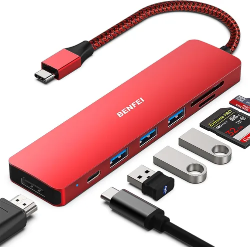 Miniatura 11 de BENFEI HUB USB C 7 en 1, Adaptador HUB Multipuerto USB-C con HDMI (Certificado 4K @ 60Hz)/Entrega de energía de 100W/3*USB 3.0 5Gbps/Lector de Negro