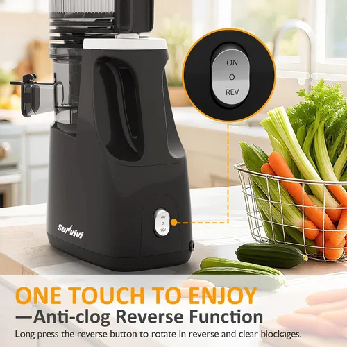 Miniatura 7 de Sunvivi Exprimidor de prensa en frío con conducto de alimentación de 5.9 pulgadas de ancho, máquinas exprimidoras de masticación lenta de 150 W