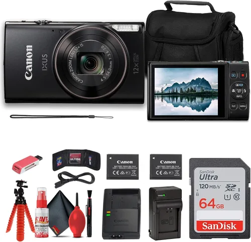 Canon PowerShot IXUS 285 HS Cámara Digital con Zoom Óptico 12X (Negro) (1076C001) + Batería NB11L + Tarjeta de Memoria de 64GB + Estuche + Cargador