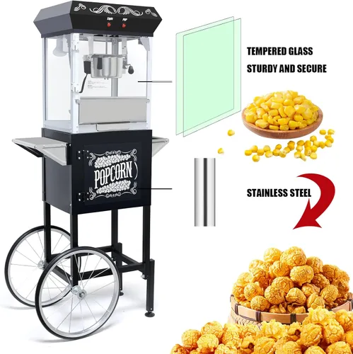 Miniatura 4 de Máquina de palomitas de maíz con carrito, con ruedas, cuchara de aceite de acero inoxidable, carrito móvil con taquillas para cine en casa Negro