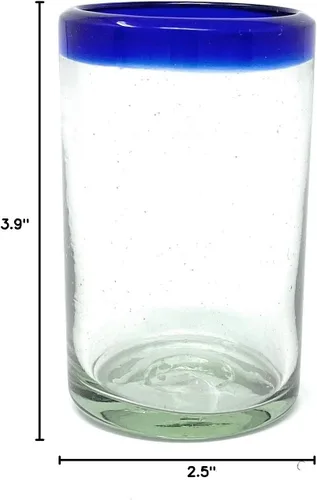 Miniatura 9 de Vasos mexicanos soplados a mano, juego de 6 vasos de jugo con bordes azul cobalto (8 onzas cada uno)