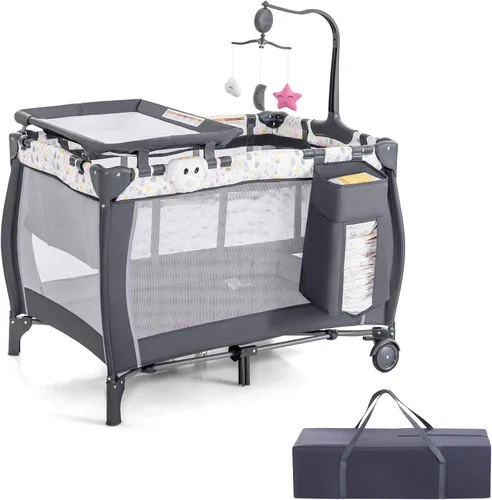 Miniatura 10 de HONEY JOY Pack and Play, corral portátil 3 en 1 para bebé con moisés, mesa de cambio, ruedas con bloqueo, caja de música, cuna de viaje plegable