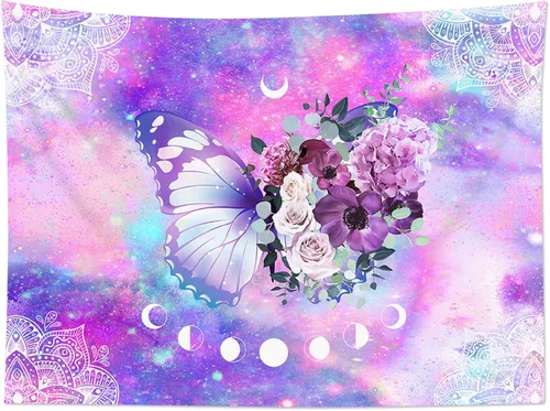 Miniatura 20 de HVEST Tapiz retro rojo de hongos para colgar en la pared, diseño floral rosa con fresa y mariposa en beige, tapiz para dormitorio, flores, plantas