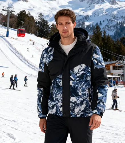 Miniatura 2 de FTIMILD Chaqueta de esquí impermeable para hombre de invierno, forro polar de alta visibilidad con capucha acolchada y diseño de patchwork