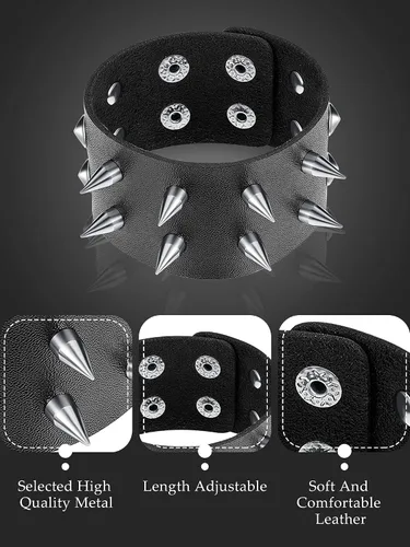 Miniatura 3 de Hicarer Pulsera punk de cuero de 3 piezas para hombres y mujeres, pulsera de los años 80, pulsera gótica punk rock, brazalete unisex para fiesta