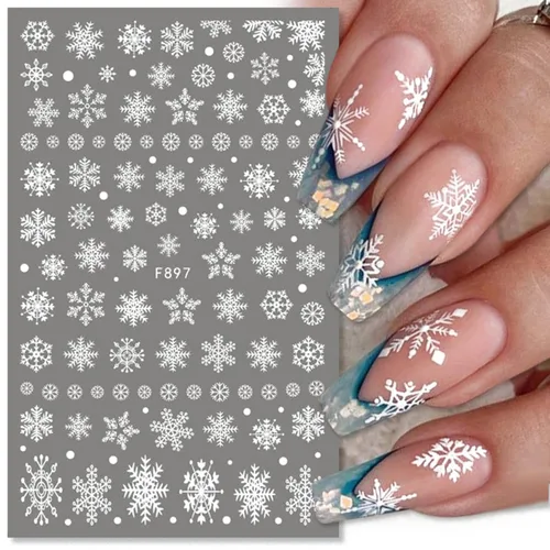 Miniatura 3 de Calcomanías de arte de uñas de copo de nieve, calcomanías de copo de nieve blanco 3D, diseños de Navidad, calcomanías de uñas autoadhesivas