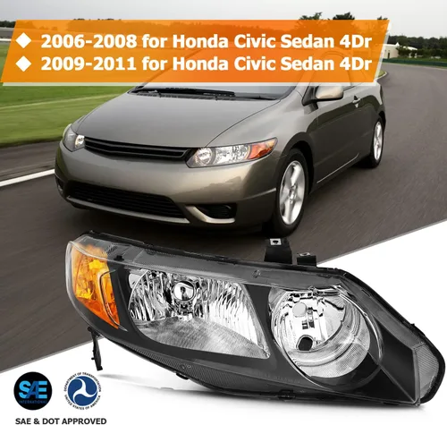 Miniatura 2 de Conjunto de faros delanteros para Honda Civic Sedan 4 puertas 2006-2011 carcasa negra reflector ámbar lente transparente conductor y pasajero lado