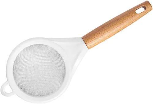 Tamiz de harina de malla fina con mango de madera, pequeño tamiz de acero inoxidable para hornear azúcar en polvo, sal de cacao, filtro de cocina