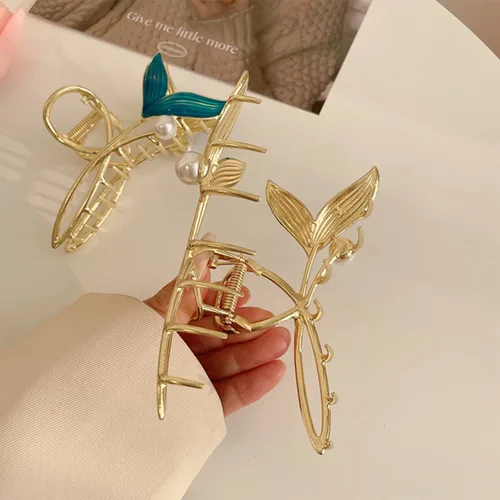 Miniatura 7 de Pinzas para el pelo de cola de pez azul con perla, pinzas de pelo de sirena para mujer, pinza de pelo de metal dorado grande, pinzas de sujeción