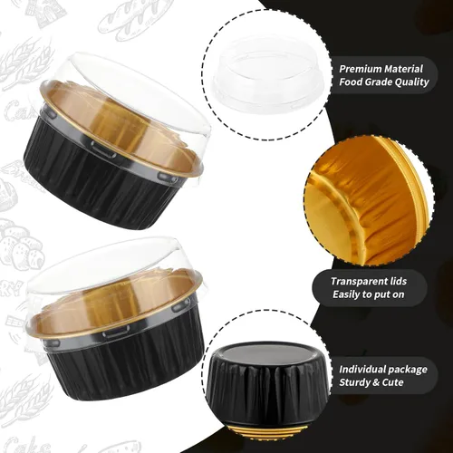 Miniatura 5 de Paquete de 200 recipientes de aluminio para cupcakes, tazas de postre de 5 onzas con tapas, mini moldes para pasteles con tapas para regalo, 100
