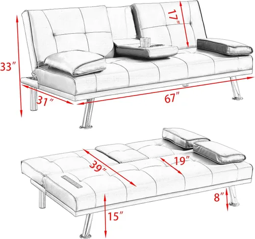 Miniatura 3 de KEIKI Sofá futón plegable de cuero de 67 pulgadas con portavasos y respaldo ajustable, moderno de mediados de siglo, sofá biplaza convertible