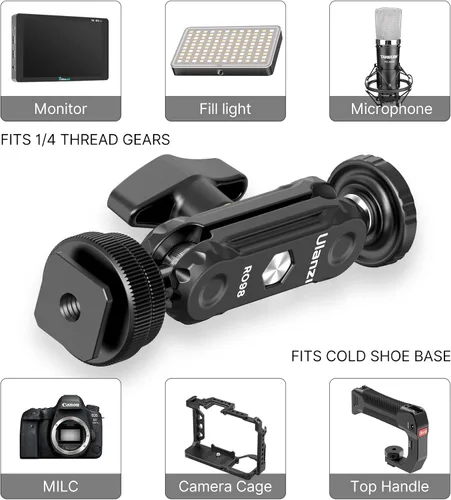 Miniatura 2 de R098 Cold Shoe Monitor Mount, 1/4 "Rotable Dual Ballhead Hot Shoe Mount Micrófono Luz de relleno Monitor de cámara Soporte giratorio Compatible