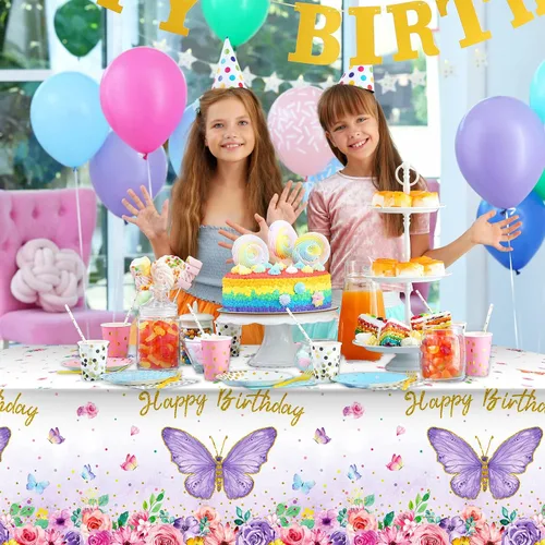 Miniatura 5 de Tegeme Mantel rectangular con diseño de mariposas y feliz cumpleaños, decoración de fiesta de mariposa, mantel de plástico con temática de primavera