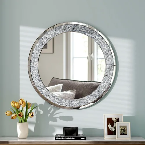 SHYFOY Espejo de pared grande redondo de 32 pulgadas para decoración de pared de sala de estar, espejos decorativos de diamante, decoración de pared