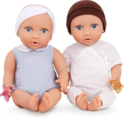 LullaBaby Muñecas gemelas realistas de 14 pulgadas - Tonos de piel claros y ojos azules - Cuerpos suaves y trajes extraíbles - Sombrero, diadema y
