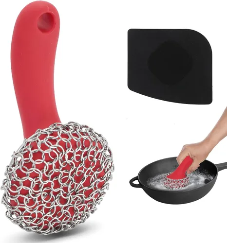 Miniatura 10 de Estropajo de hierro fundido con mango largo Estropajo de cadena de hierro fundido 316 para limpiador de sartenes - Juego de limpieza apto para Gris