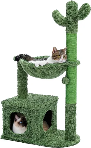 MUTTROS Árbol de gato Cactus de 40" con torre para gatos, hamaca de alfombra grande de metal, poste para arañar para gatos de interior con Verde