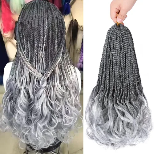 Miniatura 27 de Trenzas de ganchillo rizadas francesas de 22 pulgadas, 8 paquetes, trenzas de caja diosa grises para mujeres, de ganchillo pre-trenzadas con Trenzas